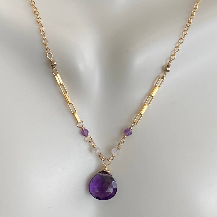 Judy Brandon Jewelry - Wholesale Pendant/Charm Necklace - Amethyst with moonstone, amethyst, & pyrite rondelles