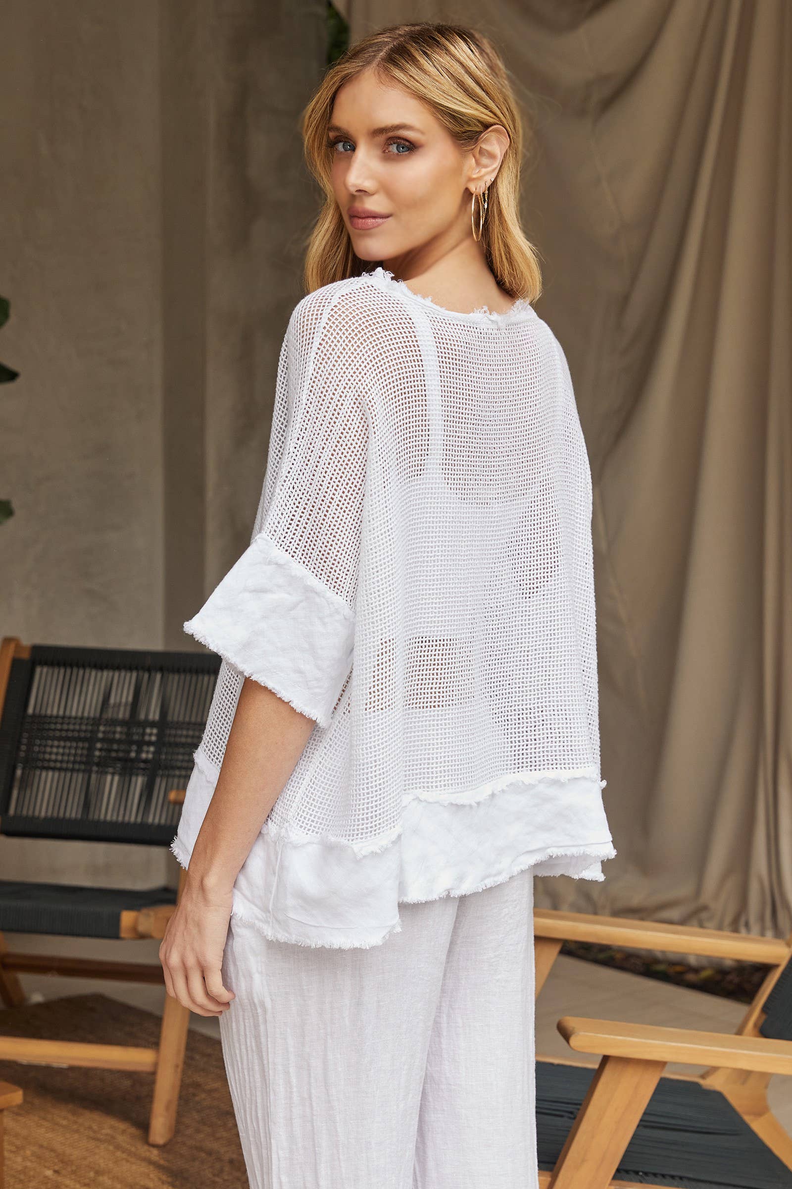 White COTTON MESH GRID SHORT SLEEVE TOP (12686/154109-WHITE) for wholesale on Faire2