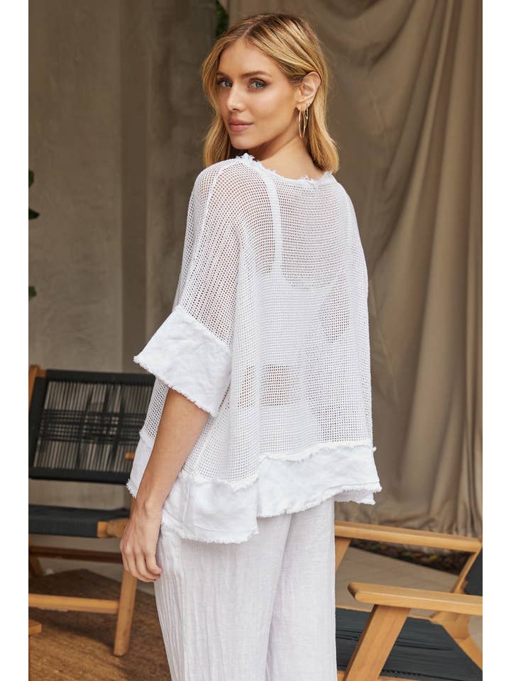White COTTON MESH GRID SHORT SLEEVE TOP (12686/154109-WHITE) for wholesale on Faire2