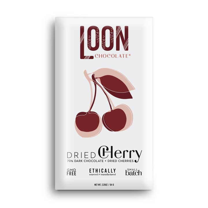 Dark Chocolate with Dried Cherry for wholesale by Loon Chocolate
