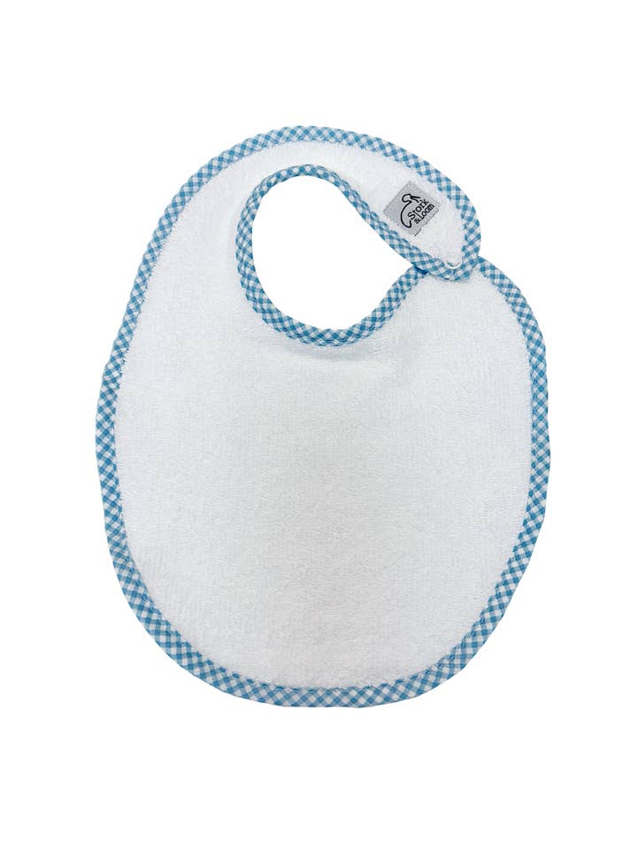 Blue Gingham Trim Classic Bib for wholesale by Stork and Loom
