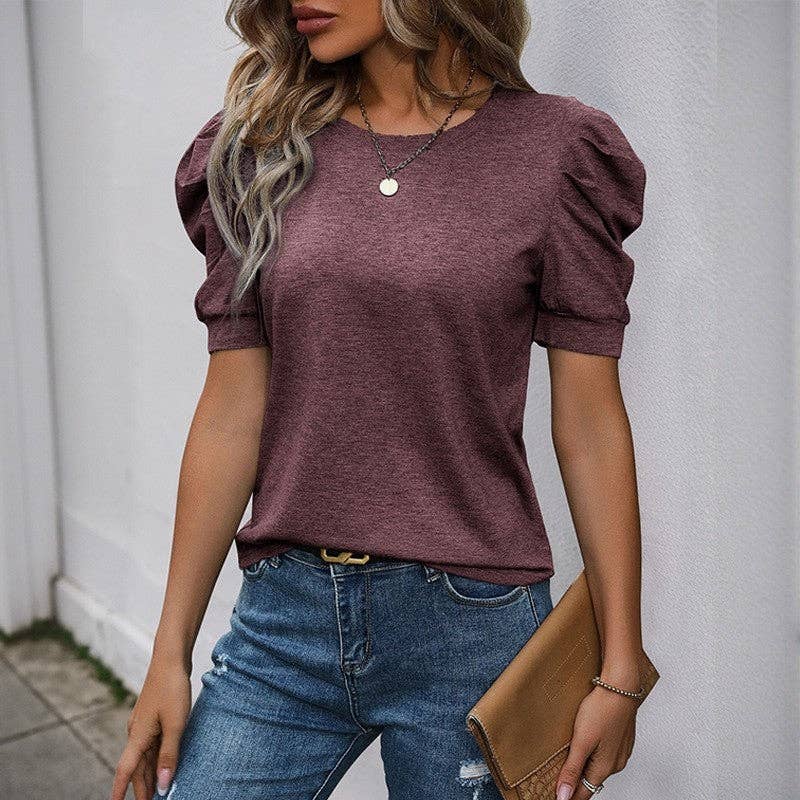Sheer Trend - Wholesale Blouse - Women's - Solid Color Bubble Short Sleeve T-Shirt0