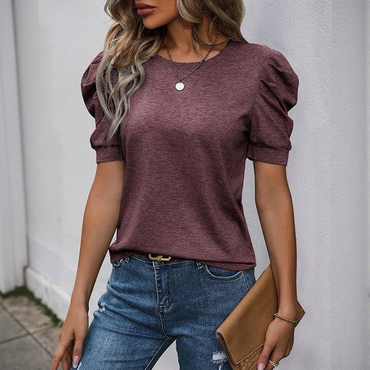 Sheer Trend - Wholesale Blouse - Women's - Solid Color Bubble Short Sleeve T-Shirt