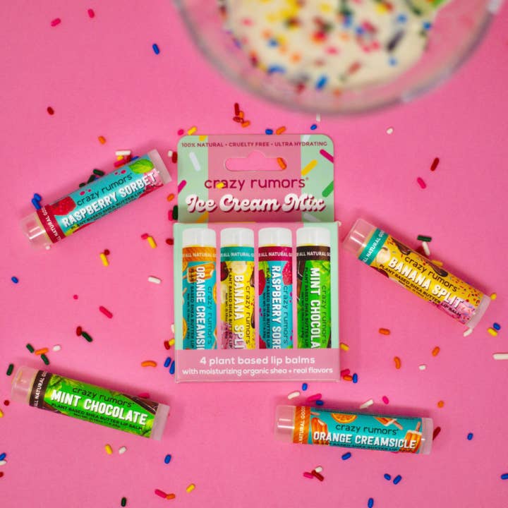Crazy Rumors - Wholesale Lip Balm Set - All Natural, Vegan Ice Cream Mix - 4 Pack Lip Balm Gift Box