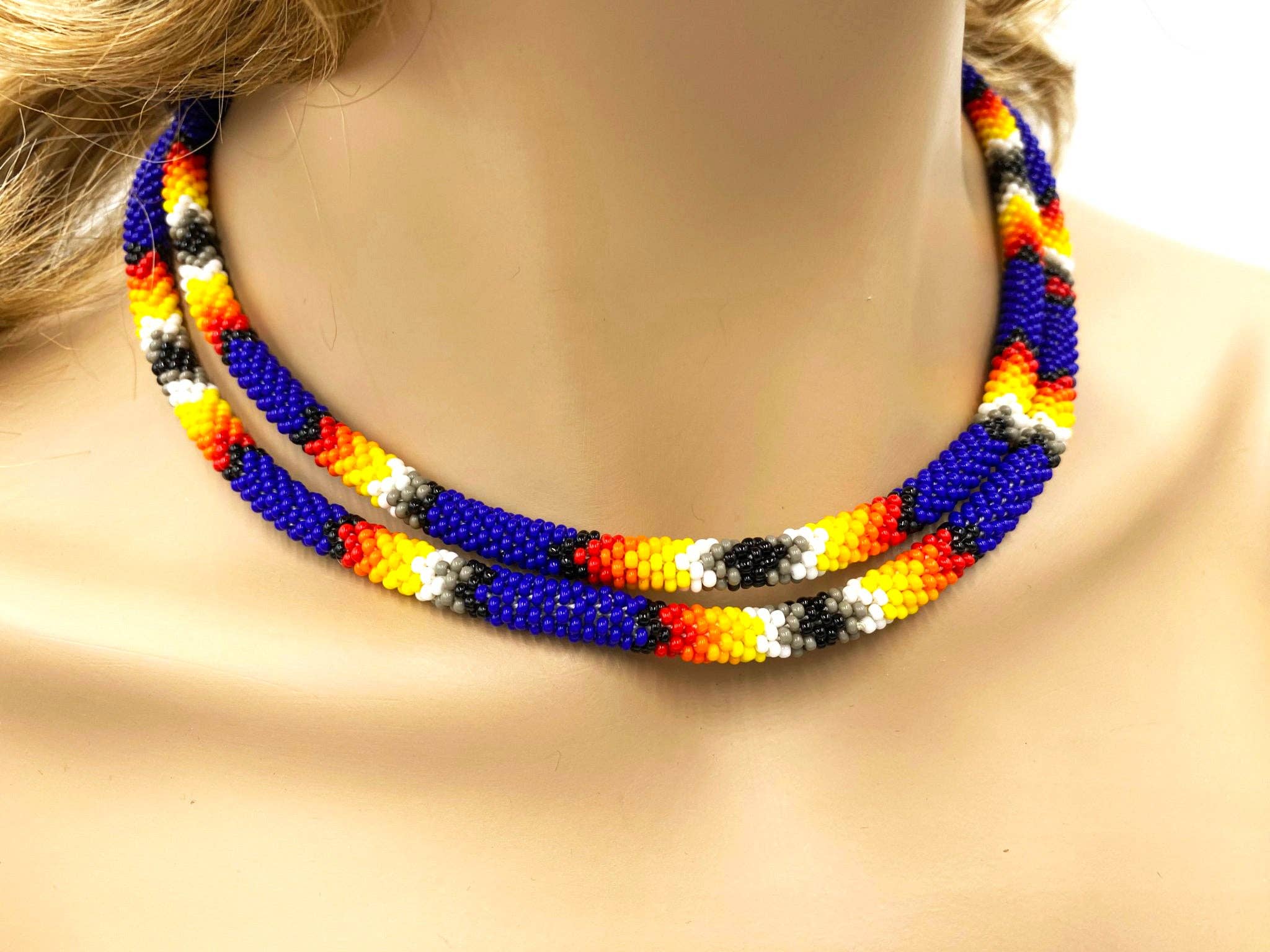 BEADS CORNER - Vente Colliers tissés - Collier à double rangée de perles style amérindien - Bleu profond Fire2