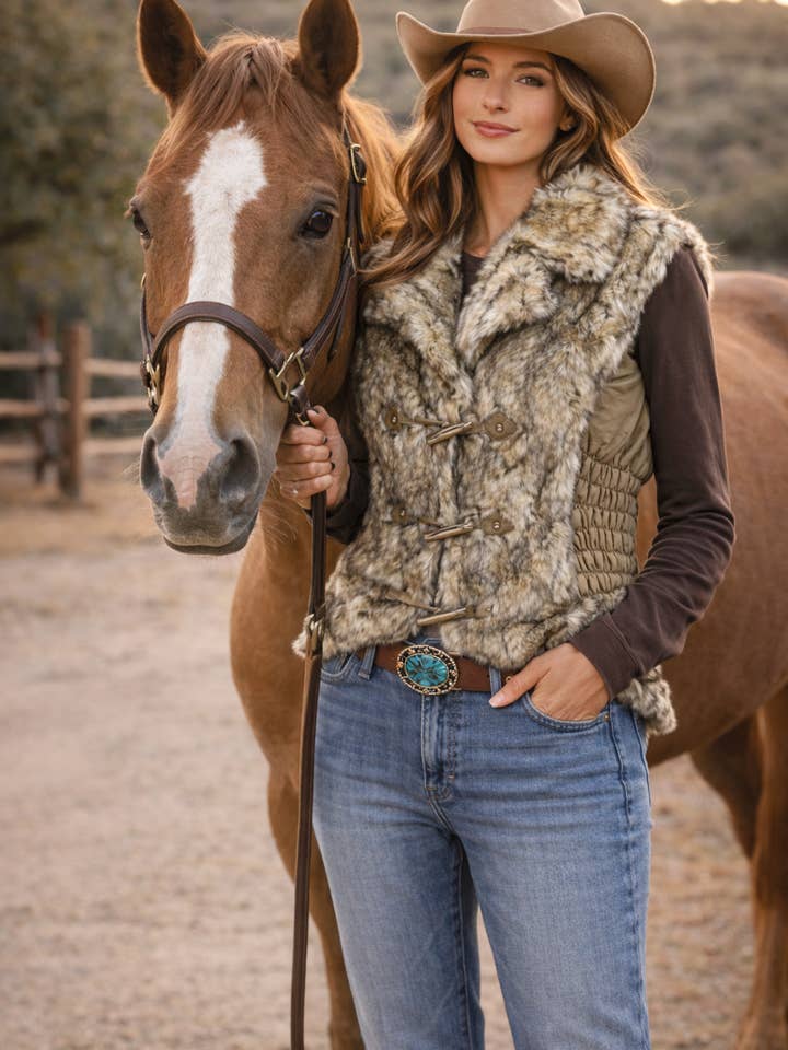 Faux Fur Vest with Gathered Nylon Sides, Hidden Zipper Pockets and Toggle Closure for wholesale by MontanaCo