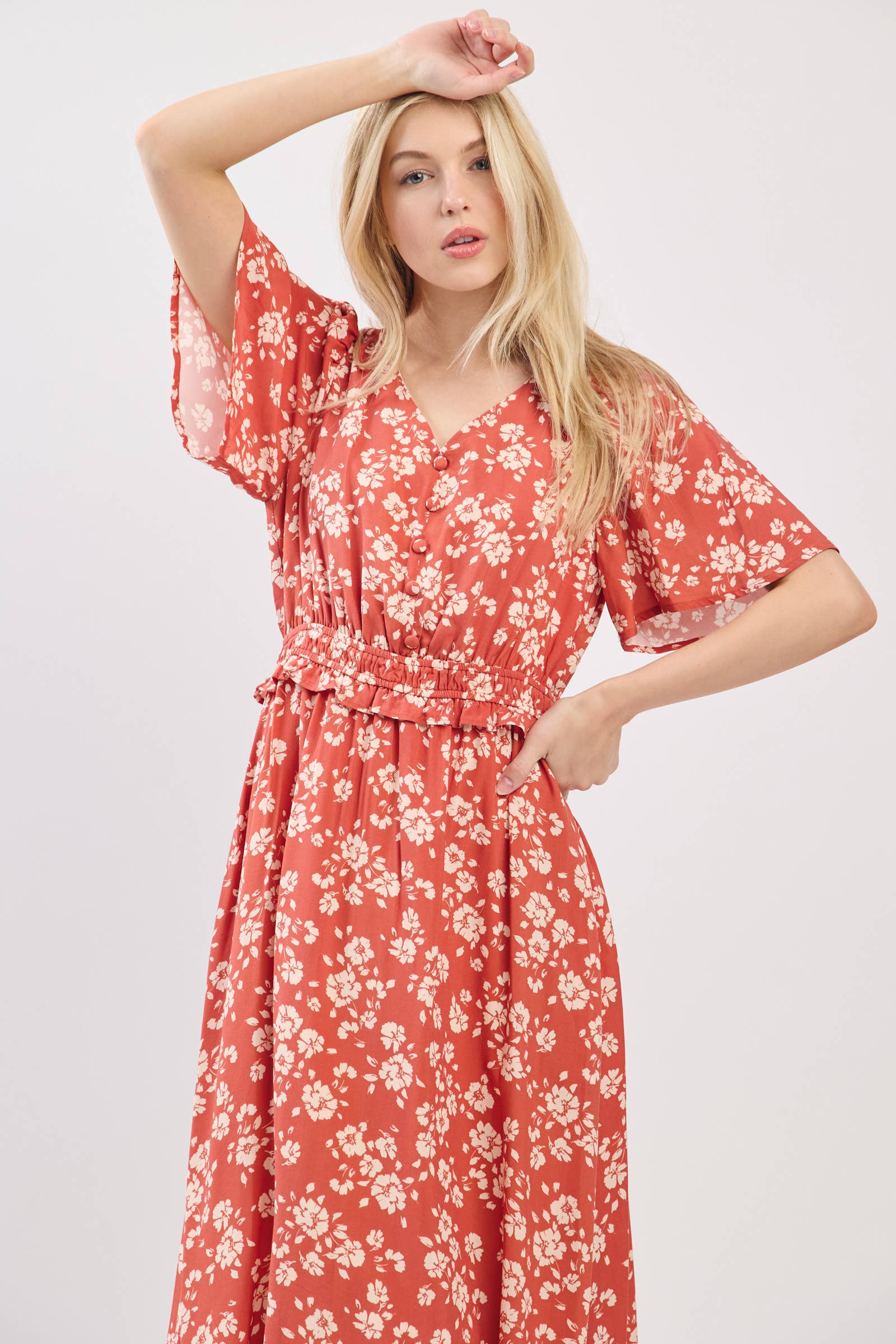 Terracotta MIDI-JURK MET PUFFMOUWEN, V-HALS EN GEDEFINIEERDE TAILLE - VD6036 voor groothandel op Faire7