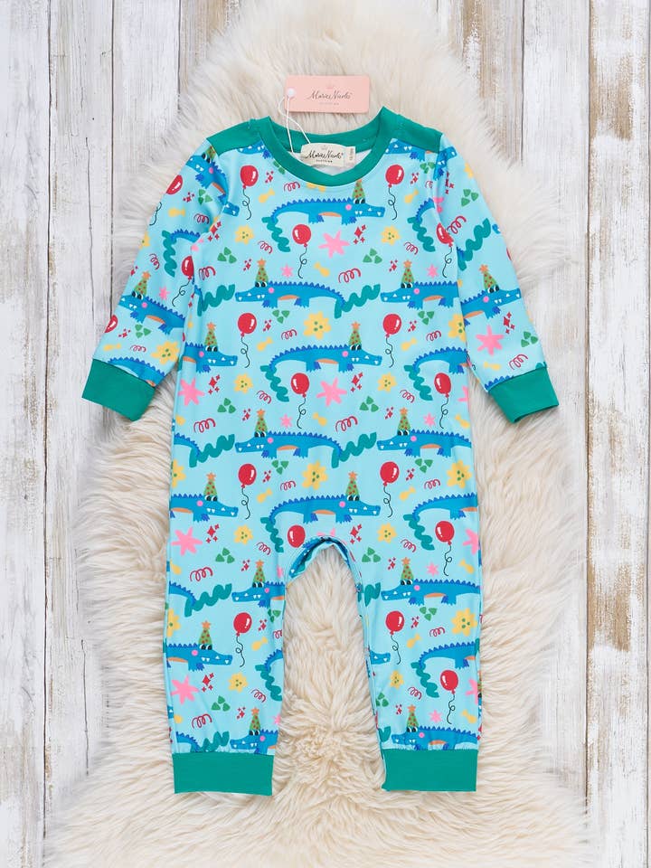 Splashy Gator Birthday Romper for wholesale by Marie Nicole Clothing