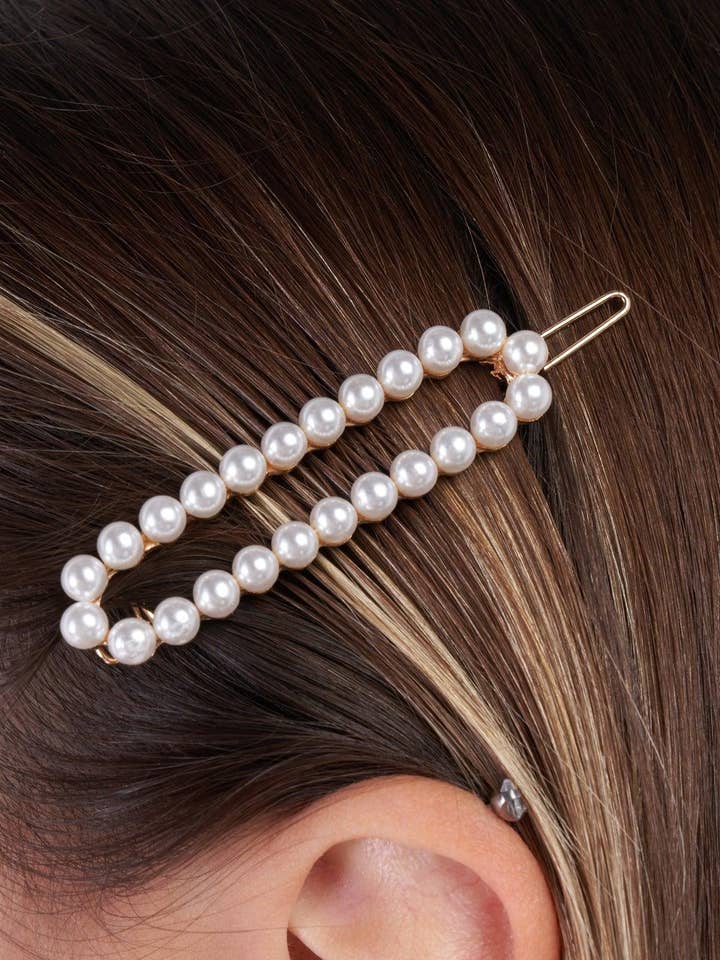 3pcs Gold & Pearl Long Oval Barrette Hair Clips for wholesale by Tasha Apparel Wholesale