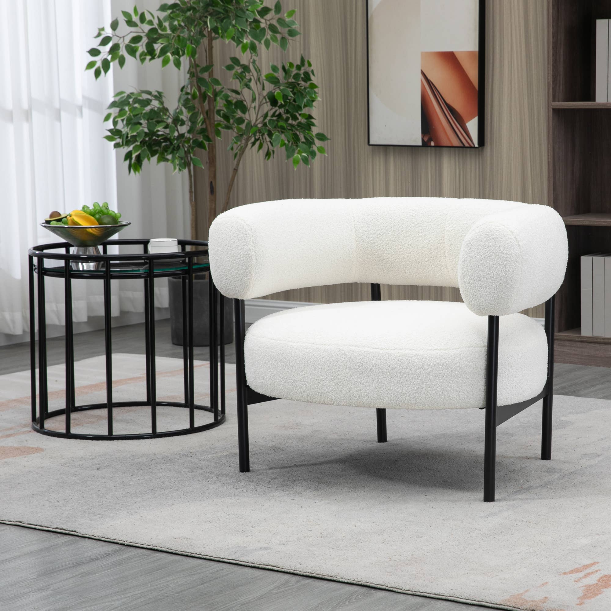 Glamour Home - Vente Chaises - Fauteuil d'appoint Ayuka en tissu bouclé blanc avec pieds en fer noir1
