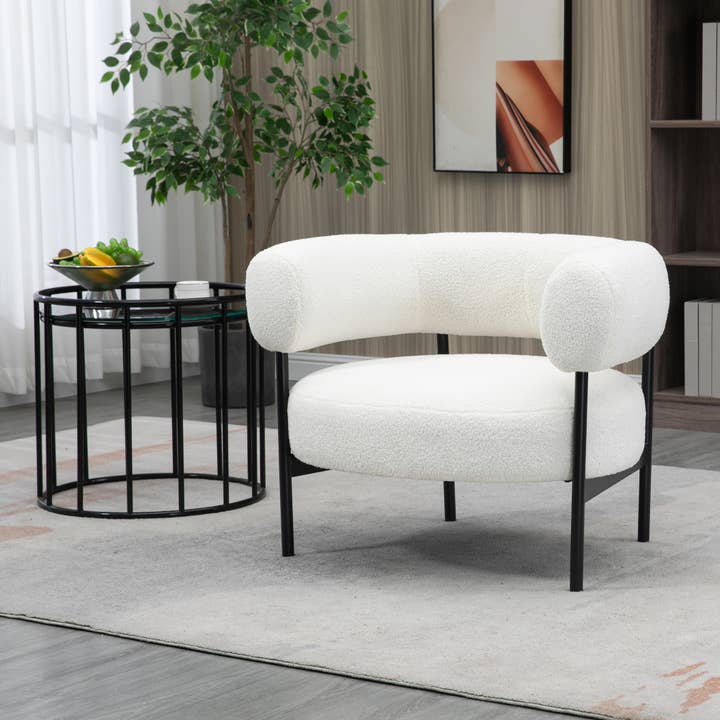 Glamour Home - Wholesale Chair - Ayuka White Boucle Fabric Accent Chair with Black Iron Legs1