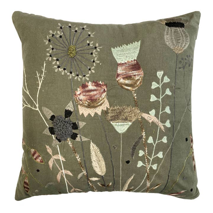 Wild Flowers Cotton Embroidered Decorative Pillow in Gray for wholesale by STP