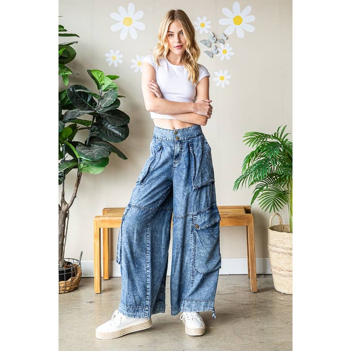 DENIM WASHED MID RISE 3D POCKETS CARGO PANTS for wholesale on Faire