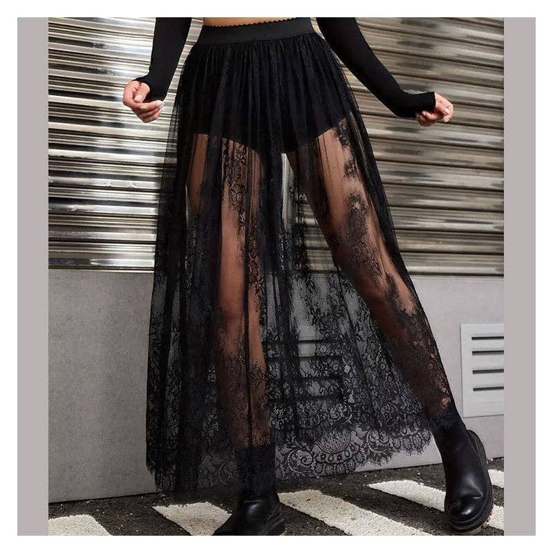 Sheer Trend - Wholesale Skirt - Women's - Solid Color Lace Sheer Midi Skirt0