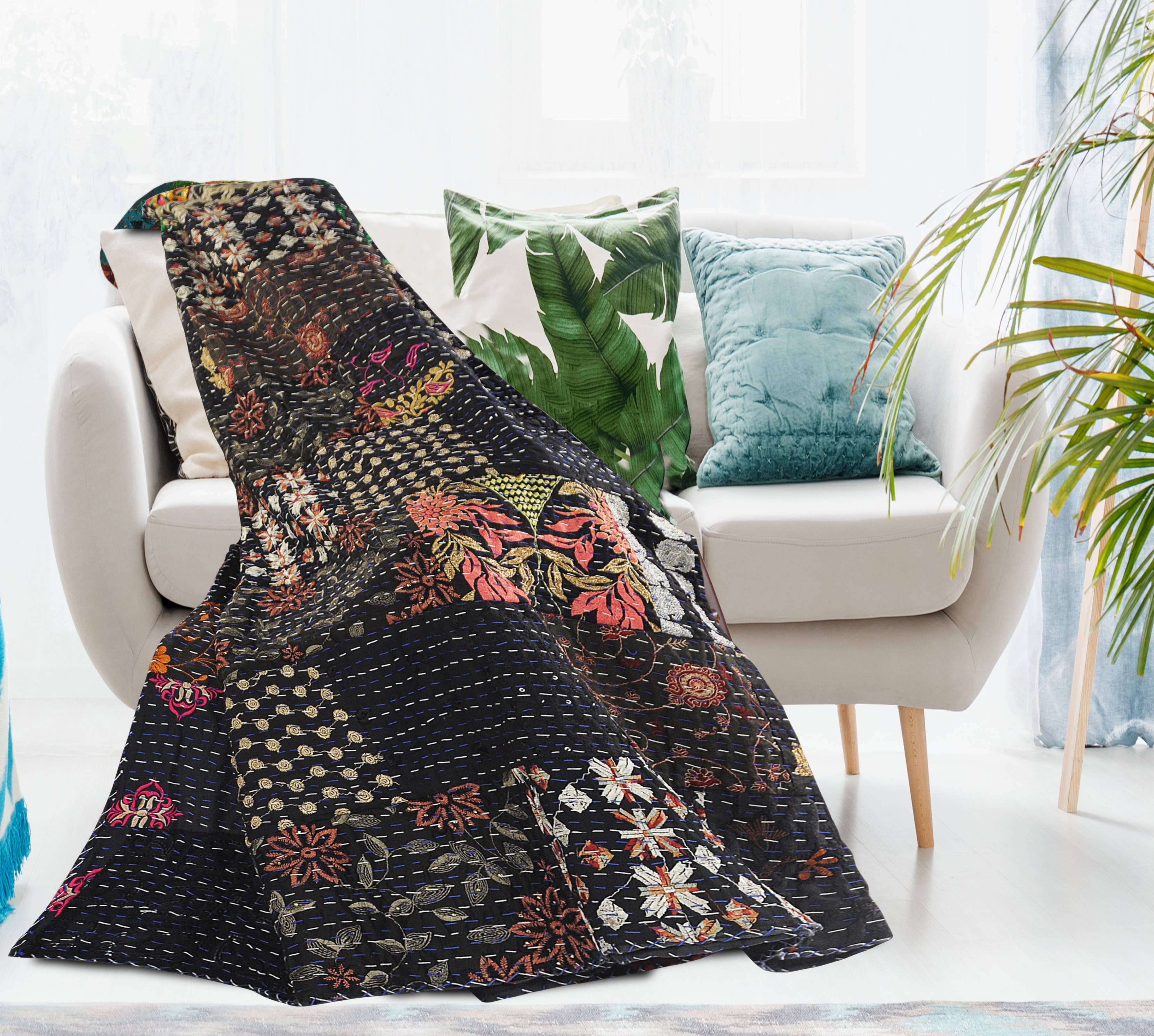 Black Handmade Kantha Throw Blanket – One-of-a-Kind Sari Quilt for wholesale on Faire