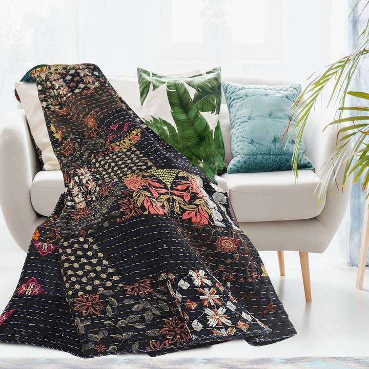 Black Dark Night Kantha Throw Blanket for wholesale on Faire