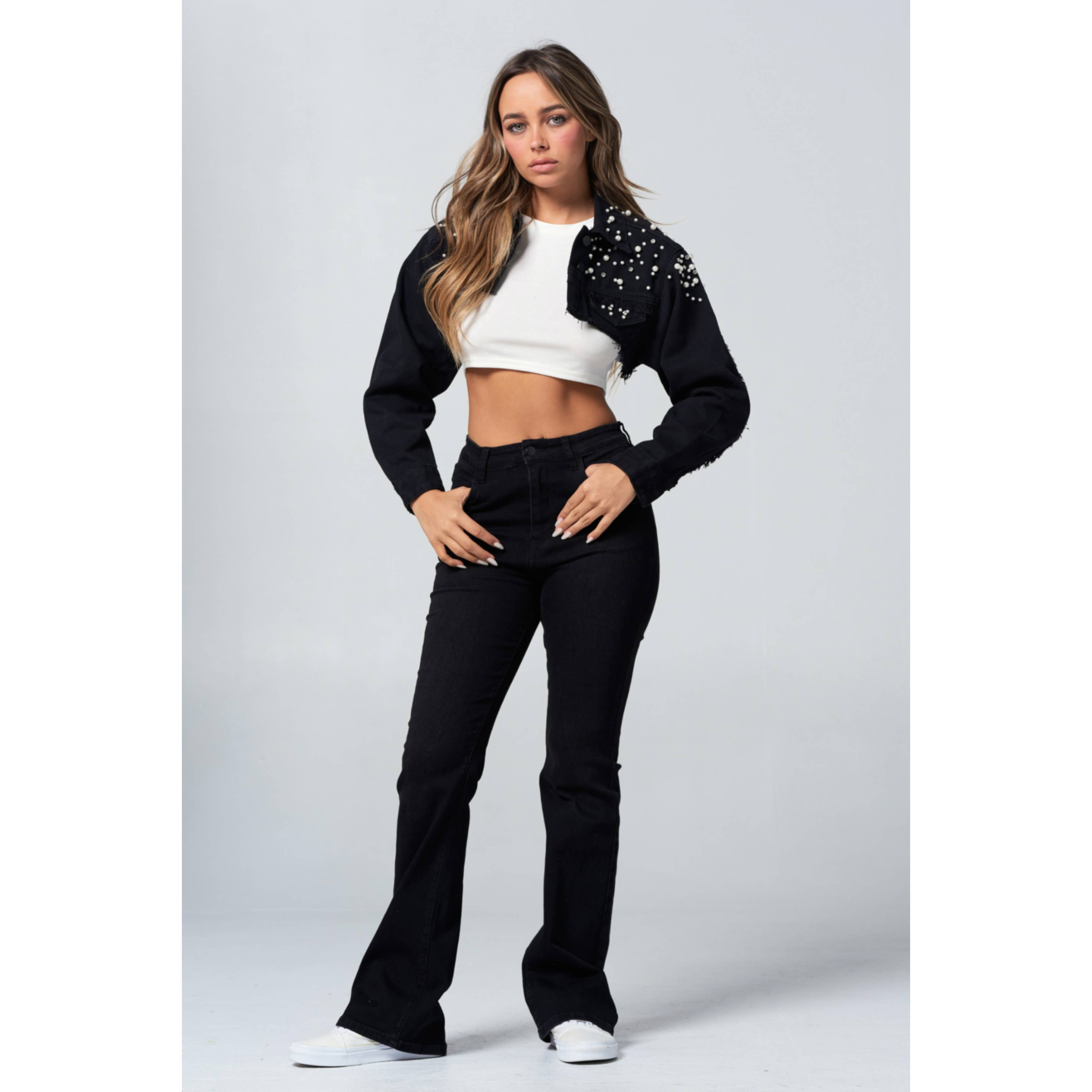 Blue Turtle - Wholesale Denim Jacket - Women's - Diamond Pearl and Rhinestone Super Crop Denim Jacket Light JK220710