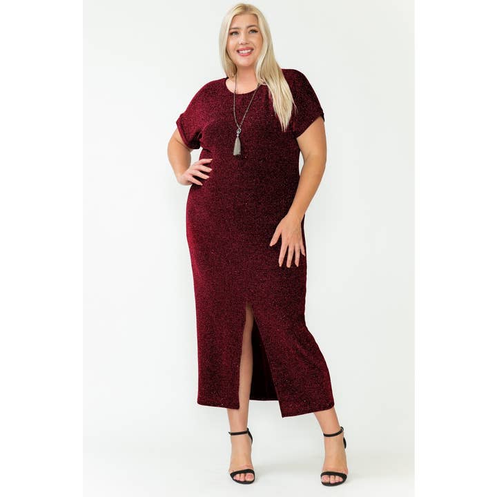 Story Teller - Wholesale Dress - Women's - Plus Size Elegant Lurex Knit Front Slit Holiday Maxi Dress