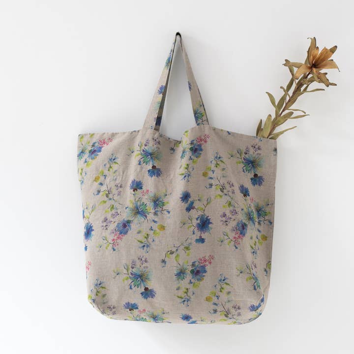 Blumenmuster großer Natur-Leinenbeutel für den Großhandel von Linen Tales (We cover U.S. import duties)