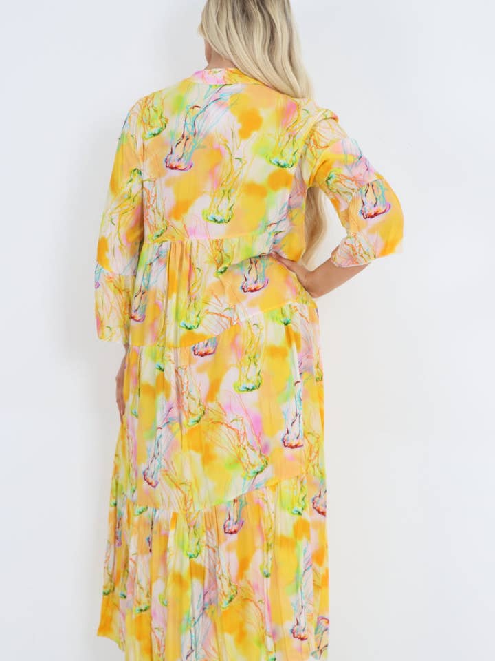 Miss Bold - Wholesale Dress - Women's - Italian Pastel Watercolour Abstract Print Tiered 3by4 Sleeve Maxi Dress3