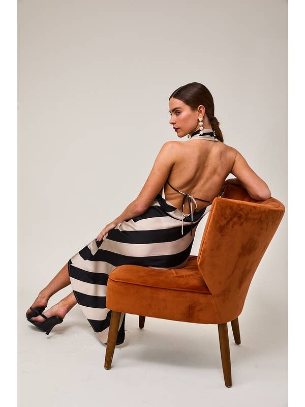Taupe black Stripe HALTER COWL NECK MIDI DRESS for wholesale on Faire