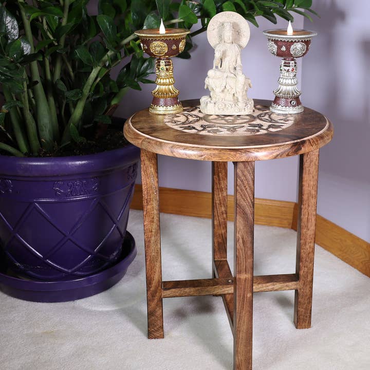 Lungta Imports - Wholesale Vase - Hand Carved Wooden Round Meditation Table. Altar Table. Prayer Table. Puja. Shrine Table . Side or End Table 19 Inches High1