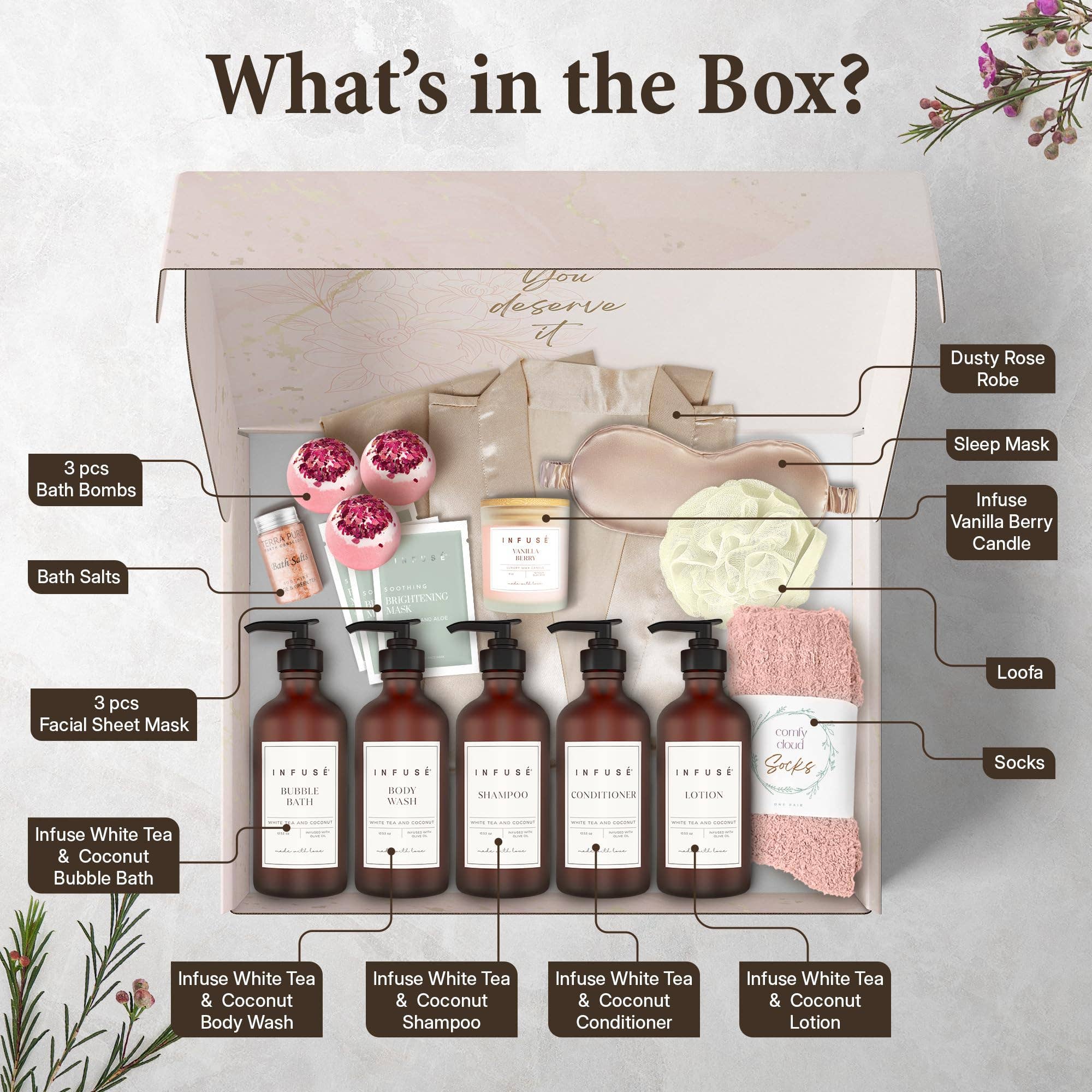 Diversified Hospitality Solutions – wholesale Gift box – 17-Piece Luxury Gift Set with Robe | Complete INFUSÉ White Tea & Coconut Bath Collection | Self-Care Kit with Bath Bombs, Face Masks & Hair Care2
