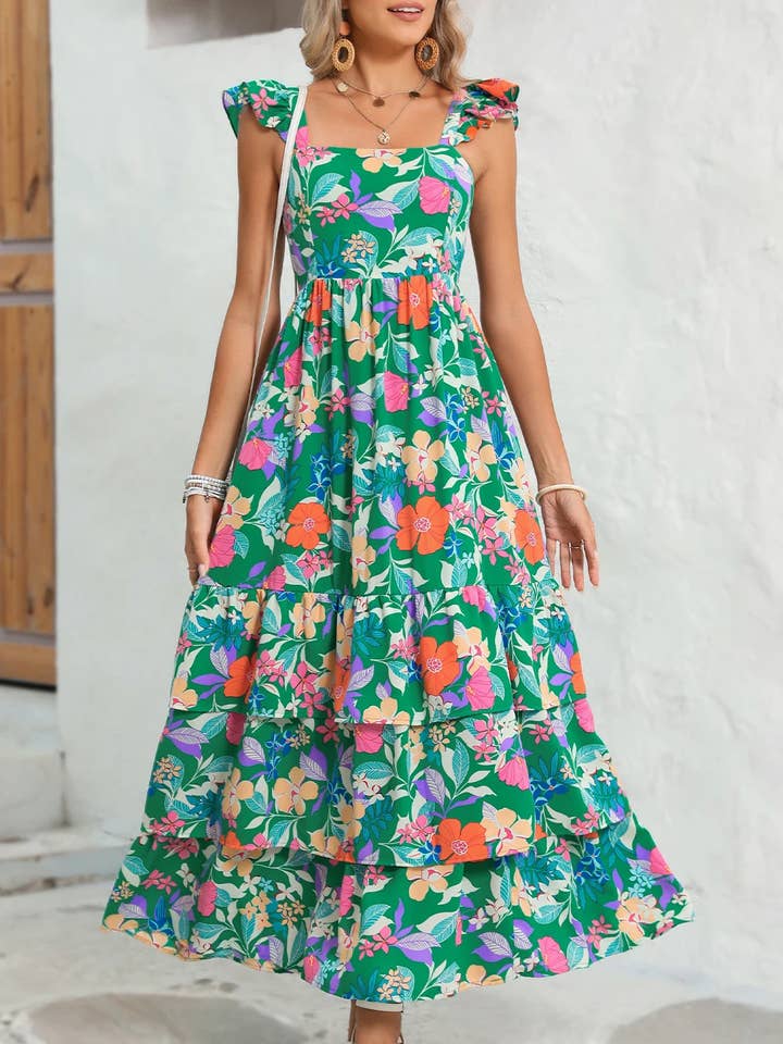 Green Floral Ruffle Tiered Maxi Dress for wholesale on Faire