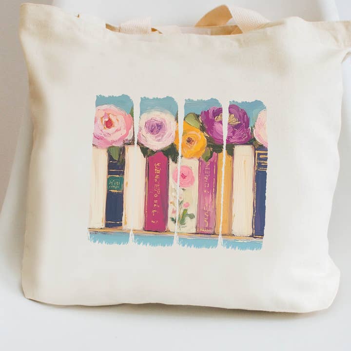 Tote Bag Canvas Bookish Floral Spring Totes for wholesale by P E T I T R U E