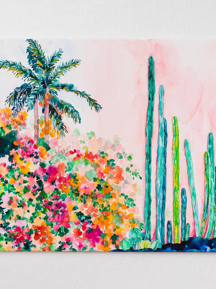 Palm Tree blomma fält med kaktusar akvarell konsttryck för wholesale av Pink Puddle Studio