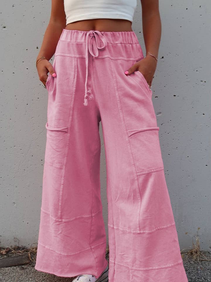 Mineral Wash Exposed Seam Drawstring Wide Leg Cargo Pants for wholesale by FULL TIME PURCHASE