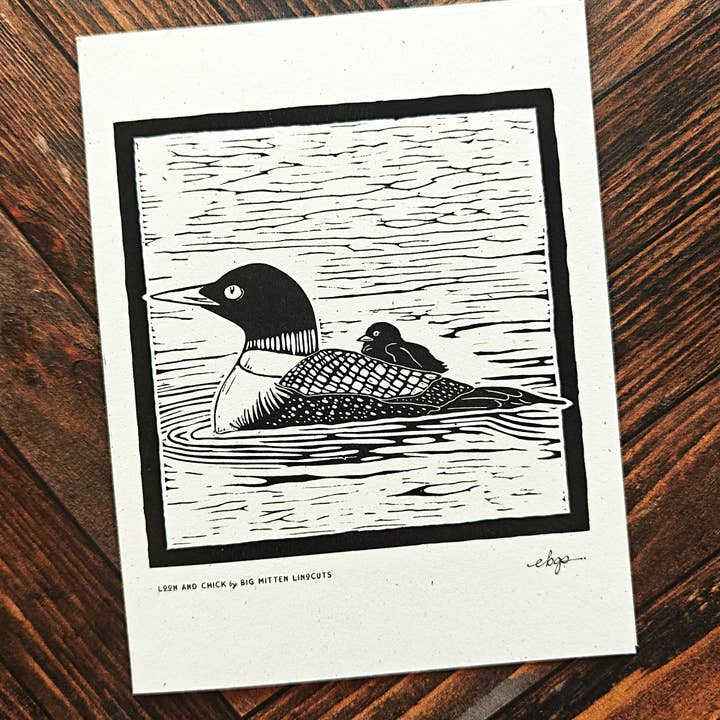 Loon and Chick Linocut Card for wholesale by Big Mitten Linocuts