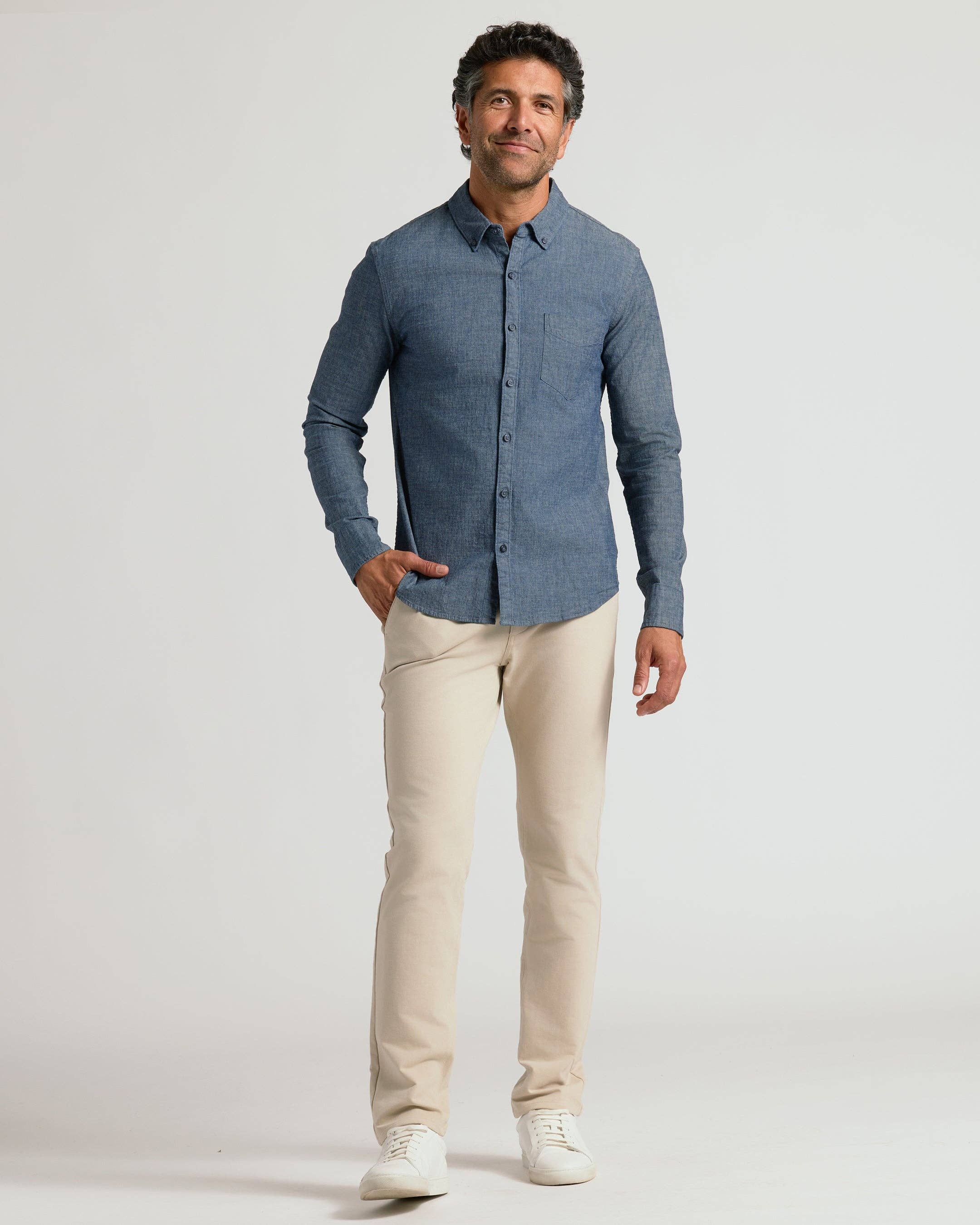 True Classic - Wholesale Button Down Shirt - Men's - Medium Indigo Wash Long Sleeve Chambray Shirt4