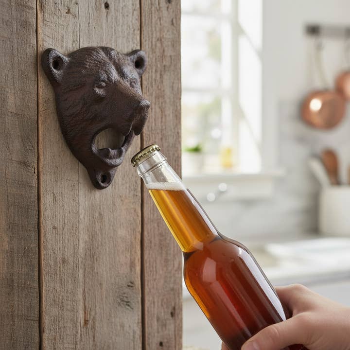 Rustic Cast Iron Bear Bottle Opener, Lodge-Style Bar Accessory for wholesale by Iron & Blossom
