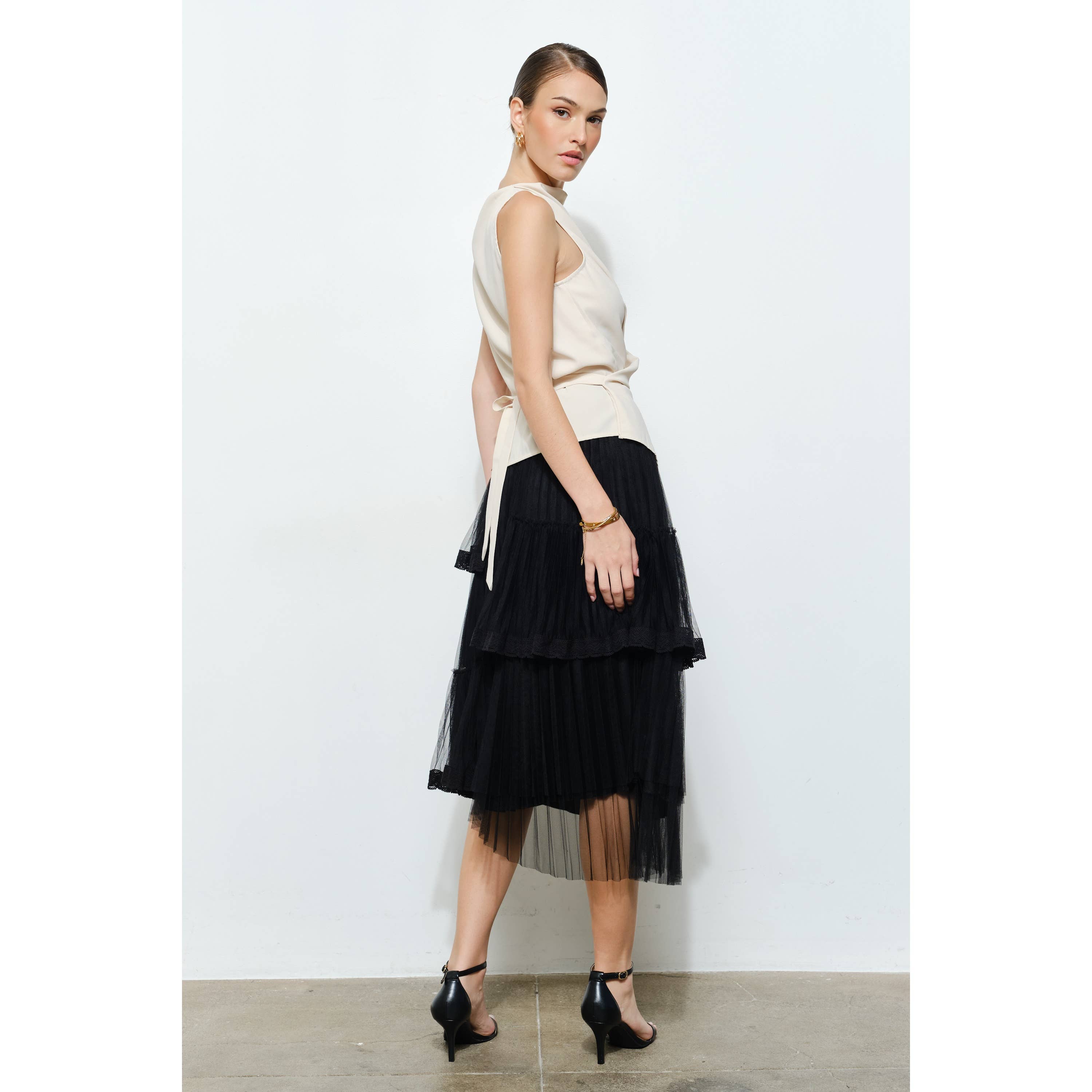 INA - Vente Jupe – femme - Jupe midi superposée élégante avec bordure en dentelle transparente5