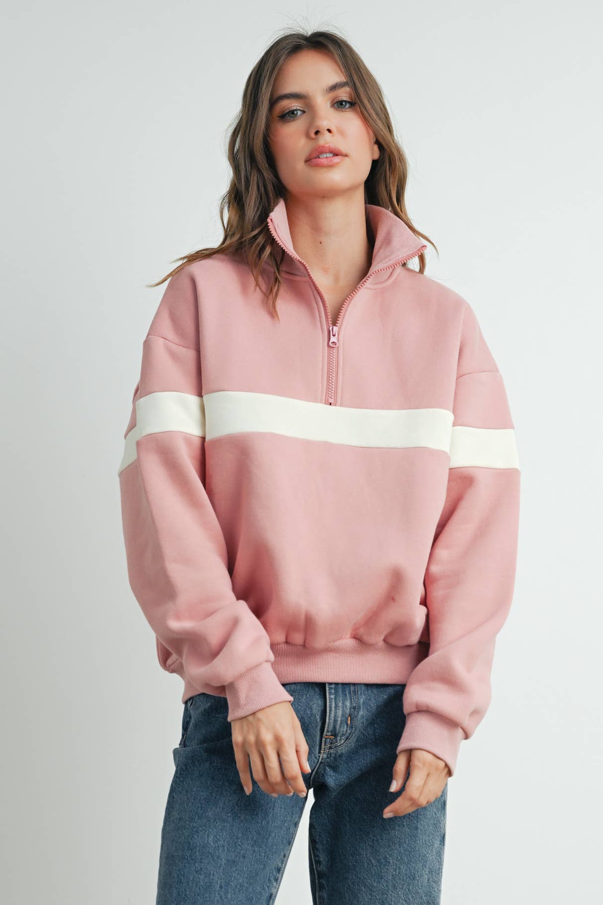 BUTTERMELON - Wholesale Sweatshirt - Women's - Two-Toned Half Zip Collar Sweatshirt - BMT753526