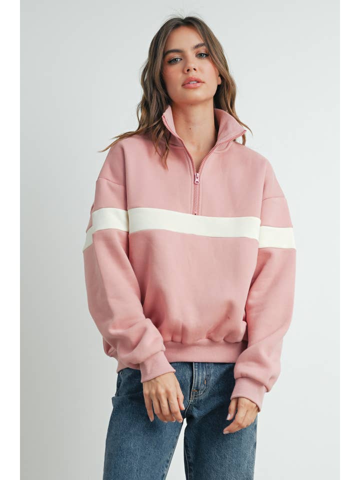 BUTTERMELON - Wholesale Sweatshirt - Women's - Two-Toned Half Zip Collar Sweatshirt - BMT753529