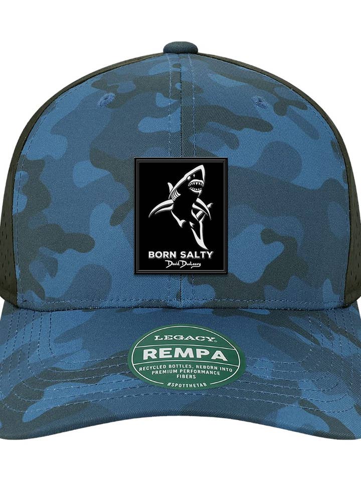 Born Salty Shark Deco Performance Blue Camo Hat for wholesale by David Dunleavy