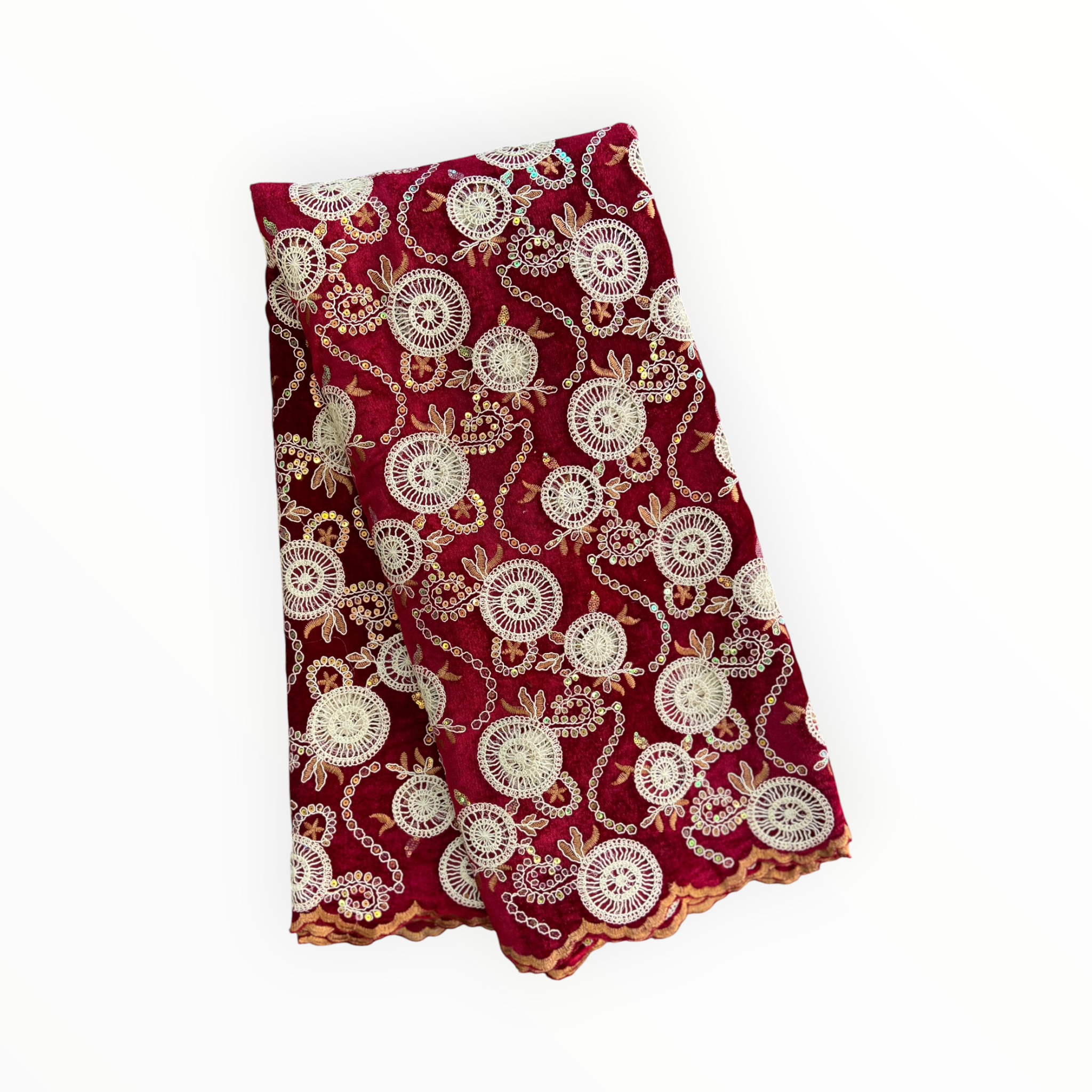 City Fabrics – wholesale Craft supplies – Luxury Velvet Lace Fabric in Maroon / Off White – 5 Yards Piece0