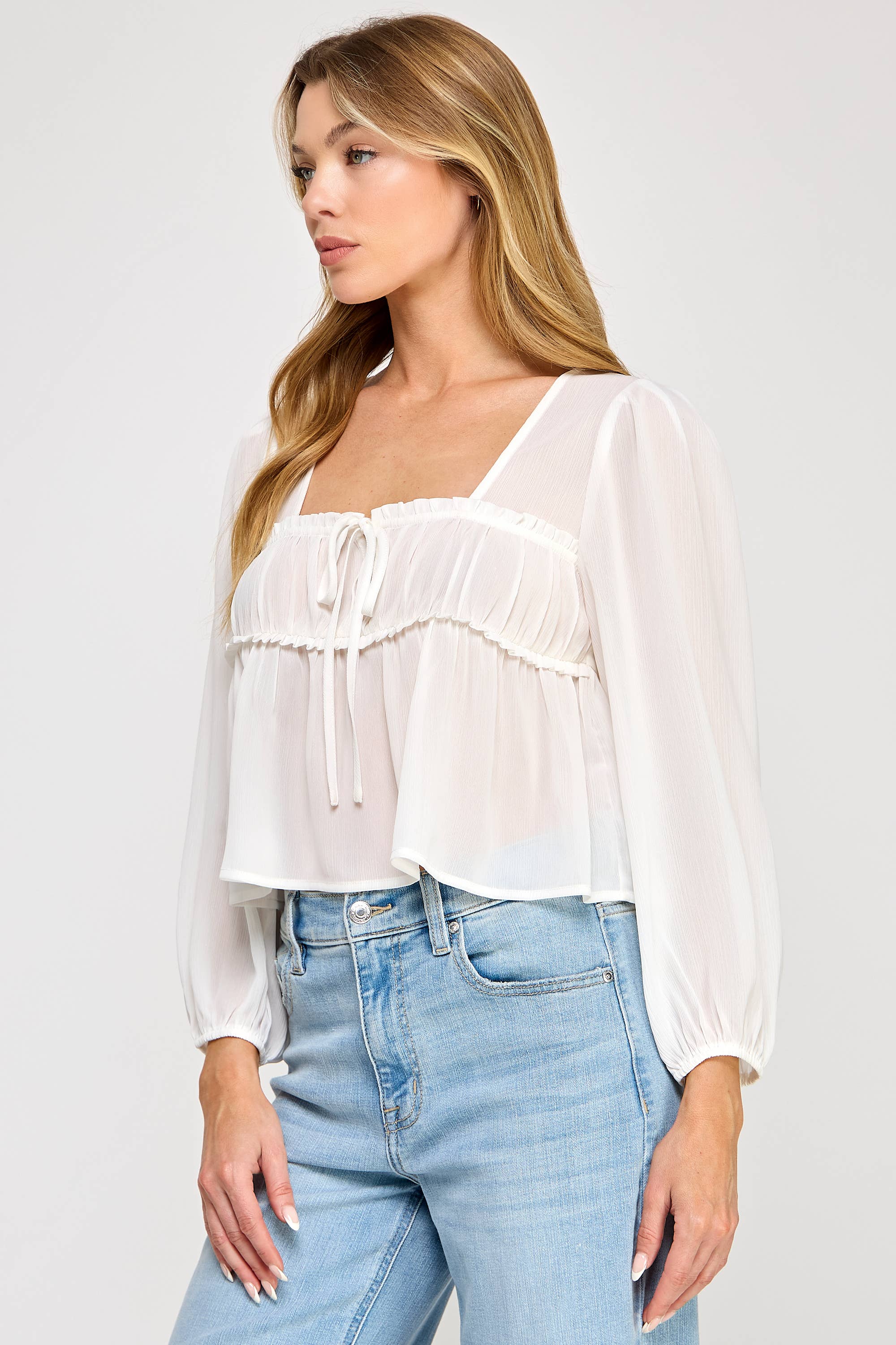 Vestis M - Vente Chemisier – femme - Haut à manches bouffantes transparentes en chiffon à encolure carrée - Noir9