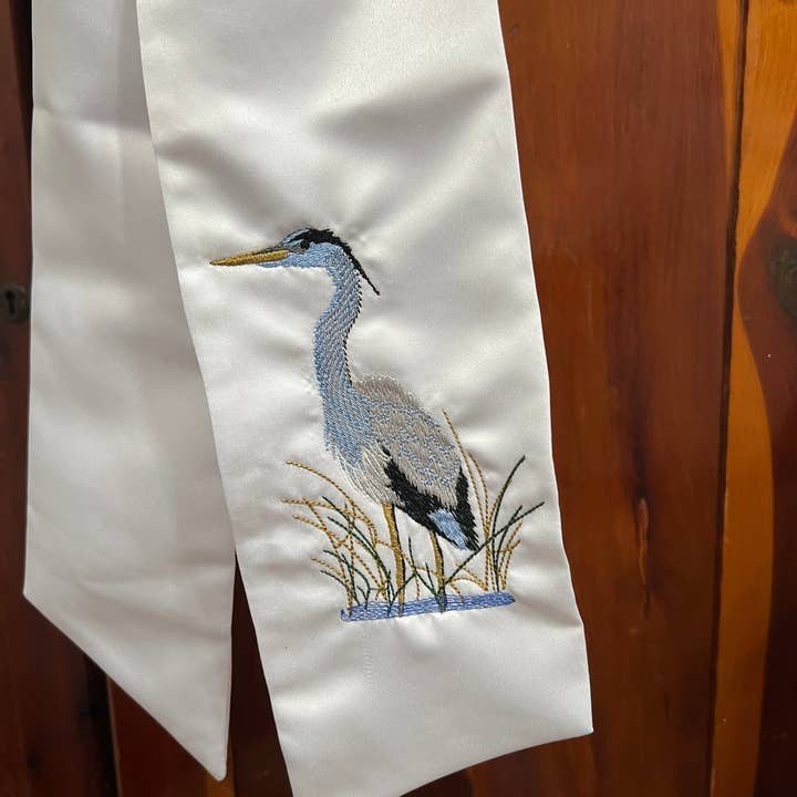 Blue or Gray Heron Wreath Sash for wholesale by Oh Stitch, Please LLC