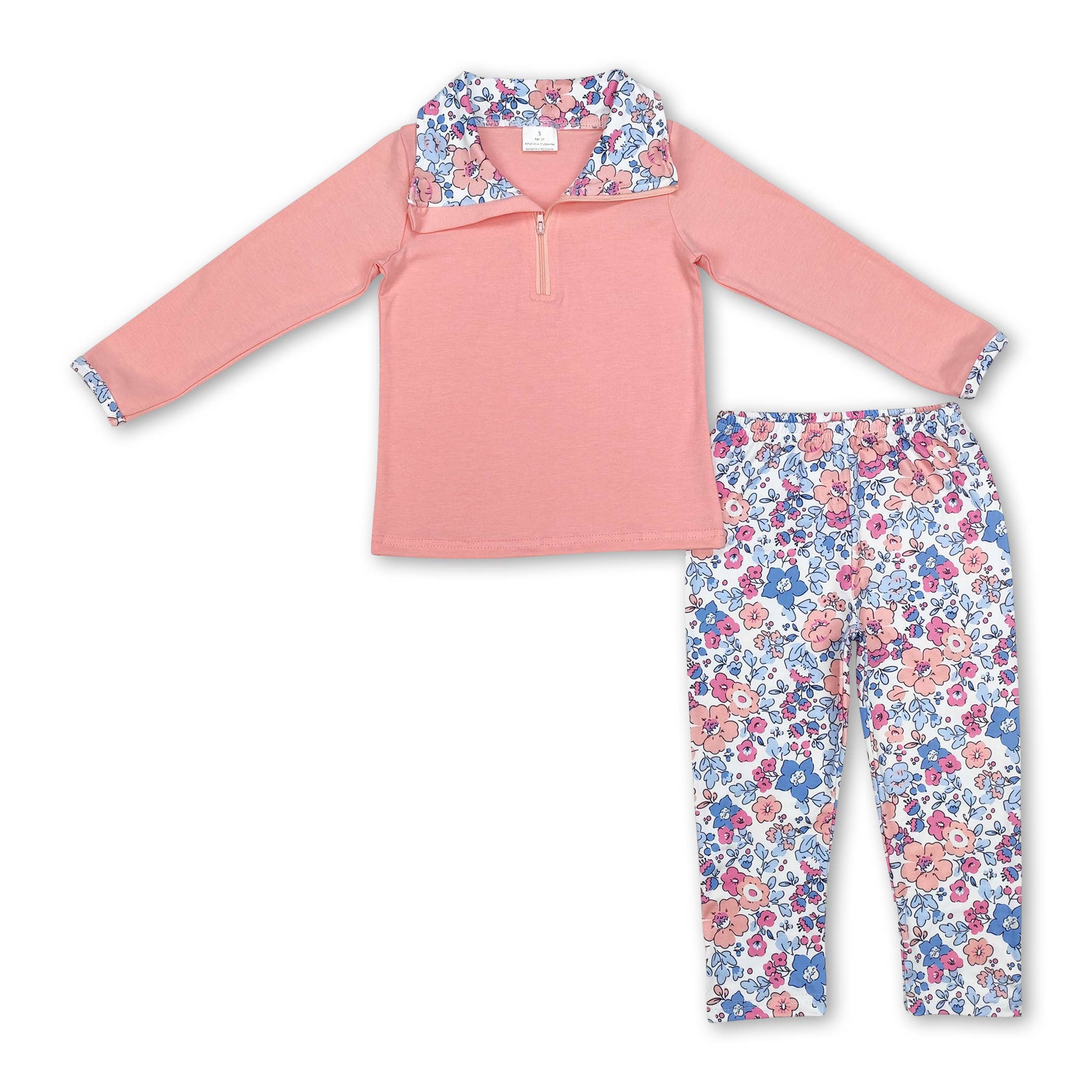 Yawoo Garments - Wholesale Top & Pant Set - Kids - Pink floral pocket zip pullover pants girls clothing set1