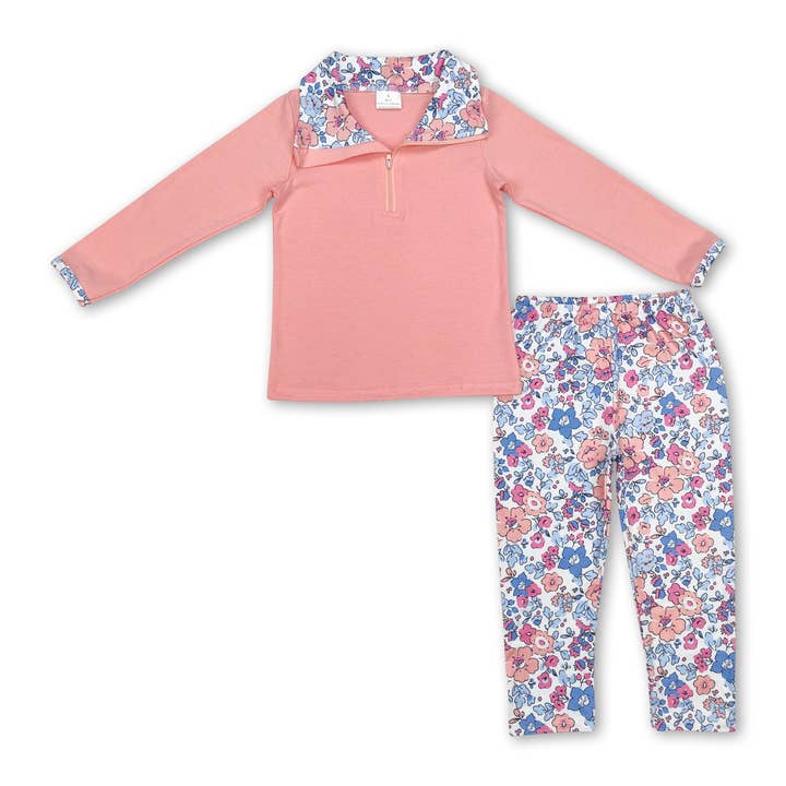Yawoo Garments - Wholesale Top & Pant Set - Kids - Pink floral pocket zip pullover pants girls clothing set1