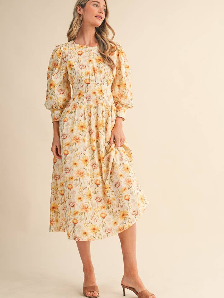 &MERCI - Wholesale Dress - Women's - FLORAL PRINT PLEATED WAIST MIDI DRESS MDR44776