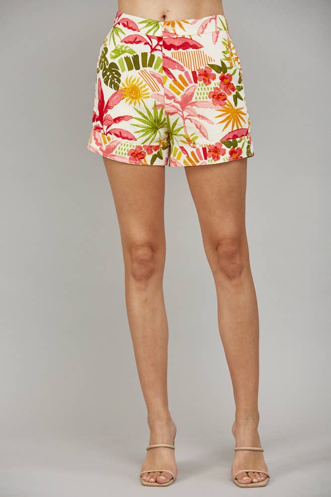 CREAM MULTI TROPICAL PRINT LINEN BLEND SHORTS FP62016 for wholesale on Faire1