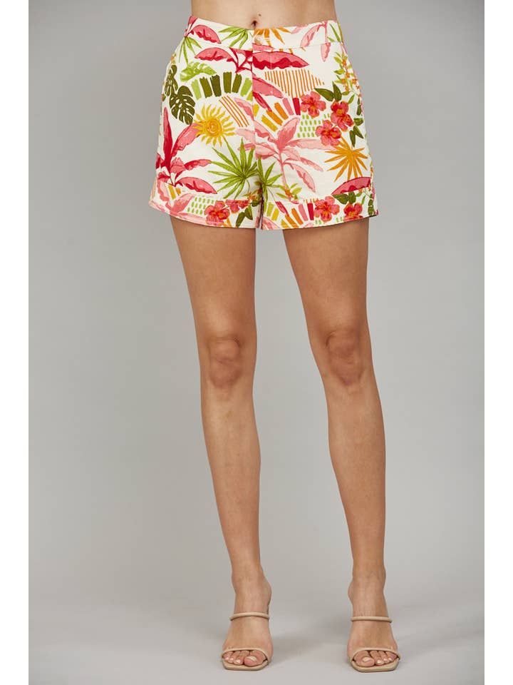 CREAM MULTI TROPICAL PRINT LINEN BLEND SHORTS FP62016 for wholesale on Faire1