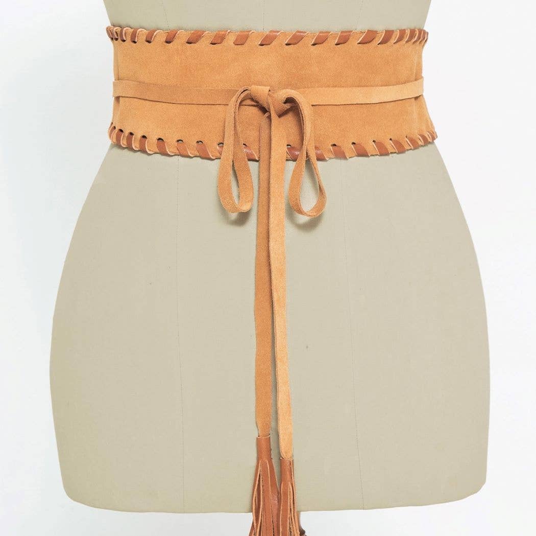 JUAN·JO GALLERY      (Leather Gallery, SCP) – Engroshandel Bælte - Dame – Boho-style bælte i ruskind med bindebånd - Brun1