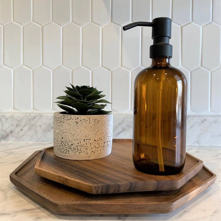 The Bottle Shoppe - Wholesale Soap Dispenser - 16oz Amber Glass Soap Dispenser bottle w/ metal pumps.