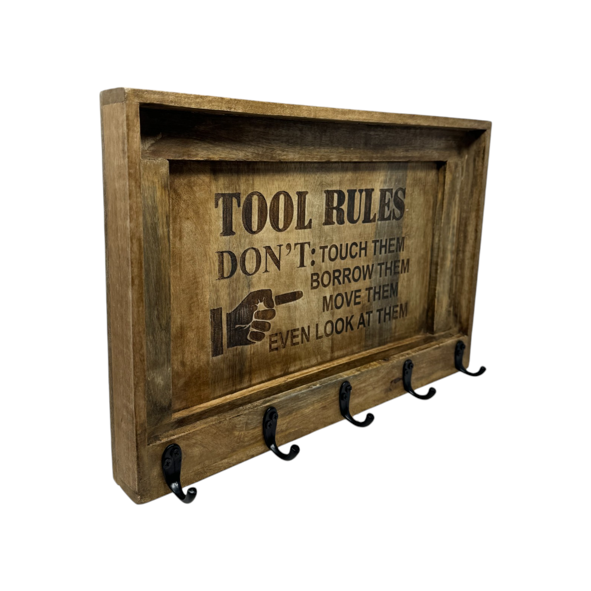 Wilco Home - Wholesale Tool Set - Tool Rules Etched Wood Wall Organizer with Cast Iron Hooks5