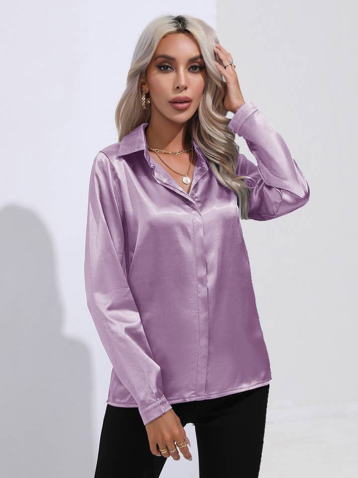 NINEXIS - Wholesale Button Down Shirt - Women's - CWTBLL0692_Button Down Silky Satin Long Sleeve Top42